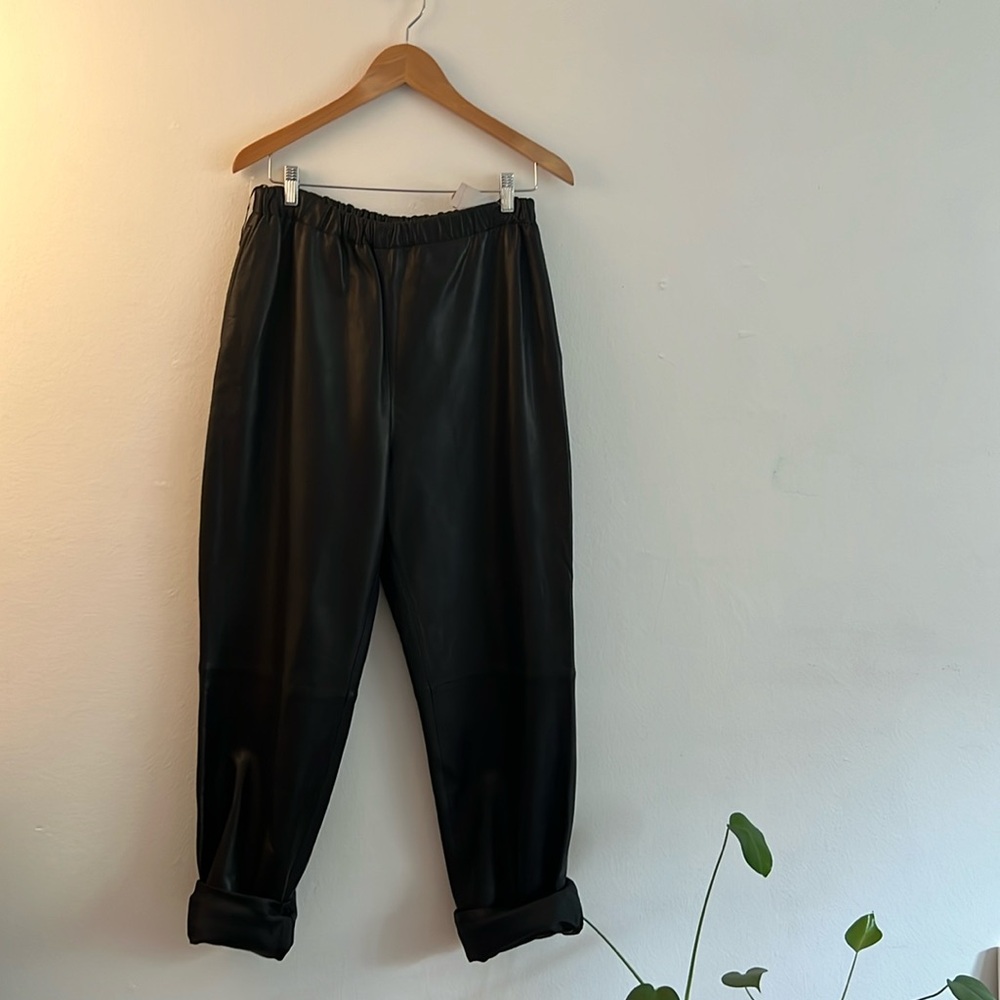 Nordstrom black leather elastic waist lined pants. Size L. Never worn .